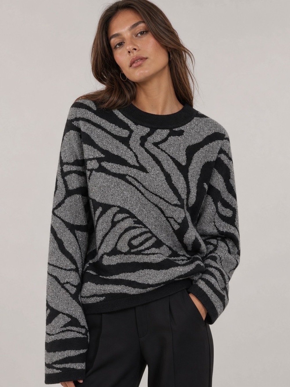 H&M Black Silver Soft Glittered Jacquard Knit Mockneck Sweater Wide Sleeve